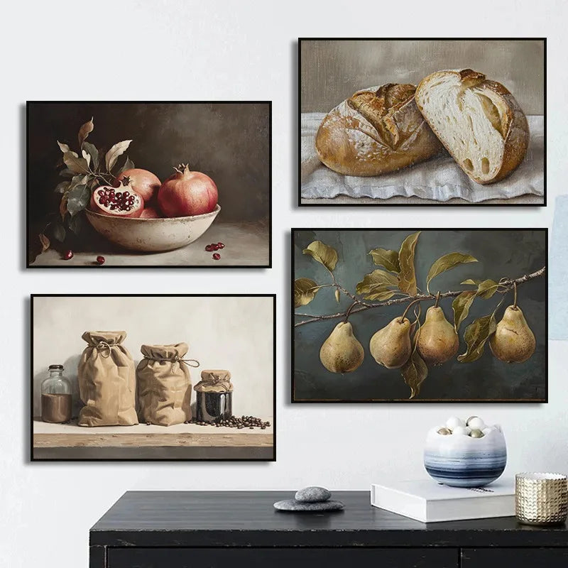 Vintage Still Life Coffee Croissant Lemons Fruit Tea Pot Posters and Prints Canvas Printing Wall Art Picture for Kitchen Decor