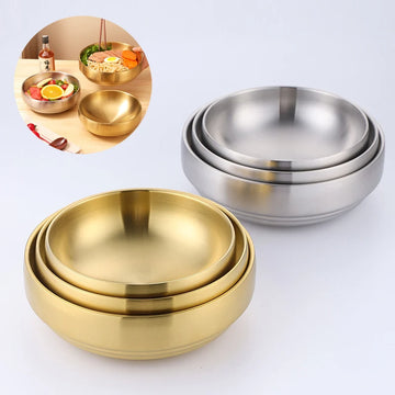 Korean Style 304 Stainless Steel Double Layer Cold Noodle Bowl Gold Silver Rice Bowl  Large Soup Bowl