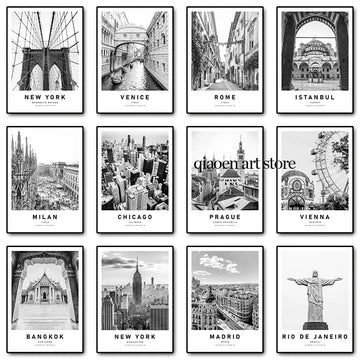 Paris New York Chicago Rome Architecture Travel Poster Black and White Canvas Printing Wall Art Picture for Room Home Decor