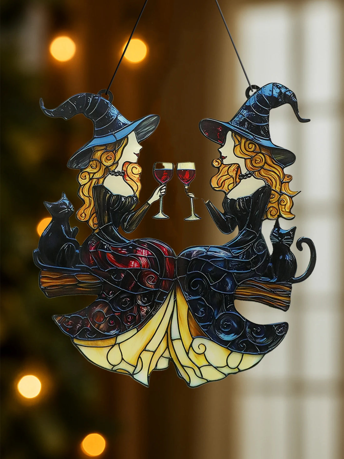 Acrylic Halloween Witch Hanging Decoration - Black Cat&Two Witches Toasting with Wine Glasses Wall Decor, Gothic Window Ornament