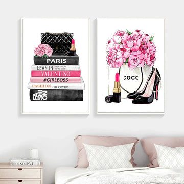 Fashion Magazine Wall Art Prints High Heels and Lipstick Modern Picture Poster Pink Flower Canvas Painting Girls Room Home Decor