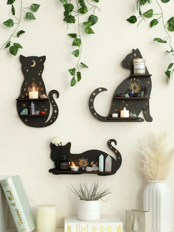 Wooden Shelf 1/2-Tier Moon Phase Black Cat Wall Shelves Crystal Display Stand Essential Oil Rack Ledge Gothic Home Decor Gifts