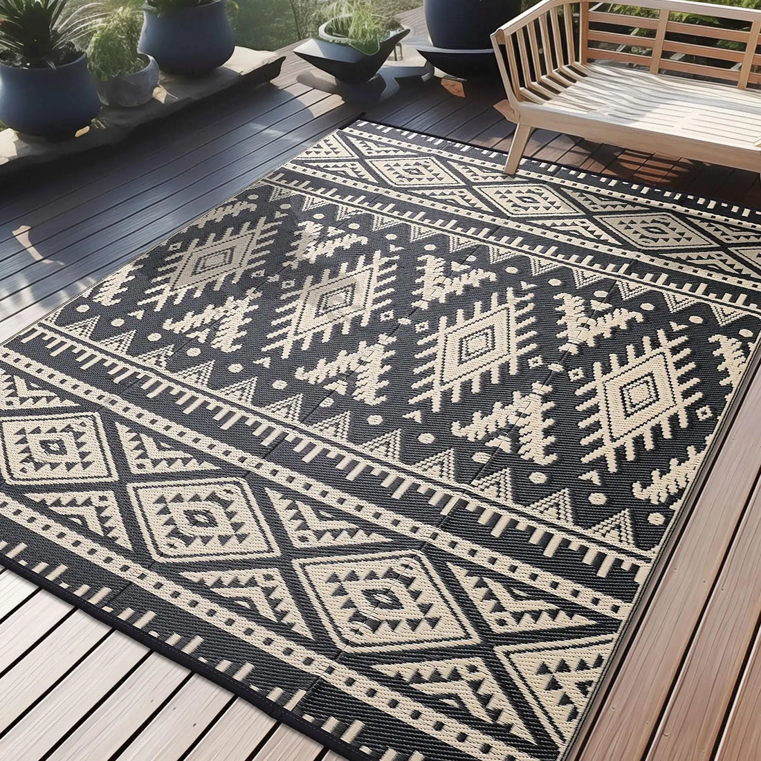 Olanly Reversible Plastic Outdoor Rugs For Patio Non-slip Waterproof Rugs For Camping Large Foldable Fashion Carpets For Rooftop
