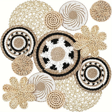 10Pcs Handcrafted Bohemian Style Wall Basket Decorative Woven Rattan Flat Wall Basket Decoration Bedroom Living Room Dining Room