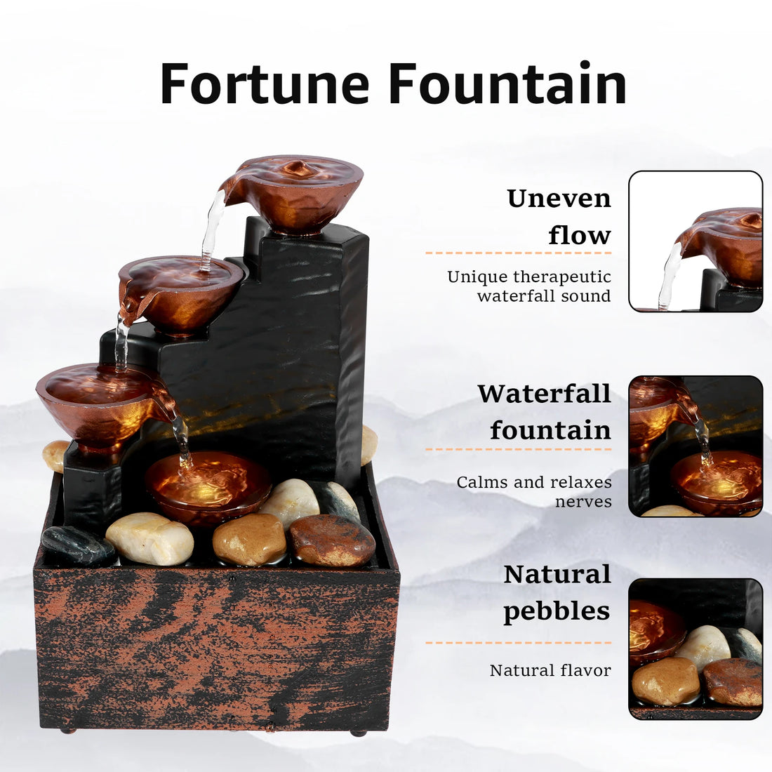 Tabletop Fountain Waterfall Indoor Cascading Resin-Rock Waterfall Fountain with LED Light Multifunct Home Ornament Craft