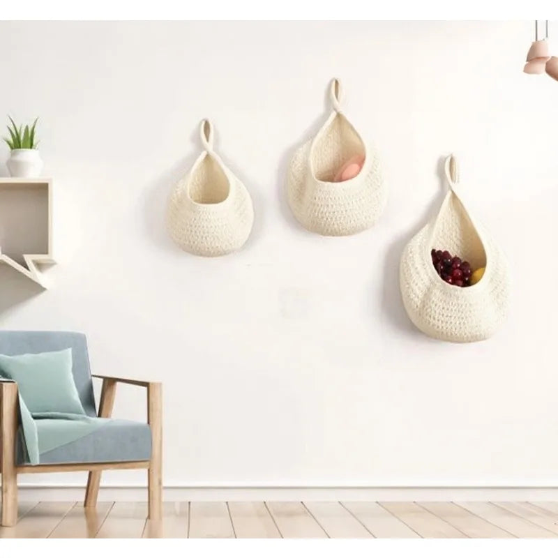 3pcs Macrame Baskets Boho Wall Hanging Storage Organizer for Kitchen Home Decor Linen Fruit Vegetable Onion Rack Restaurant