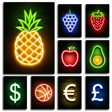 Pop Neon Signs Coin Basketball Fruit Banana Poster and Prints Canvas Printing Wall Art Picture for Living Room Kitchen Bar Decor