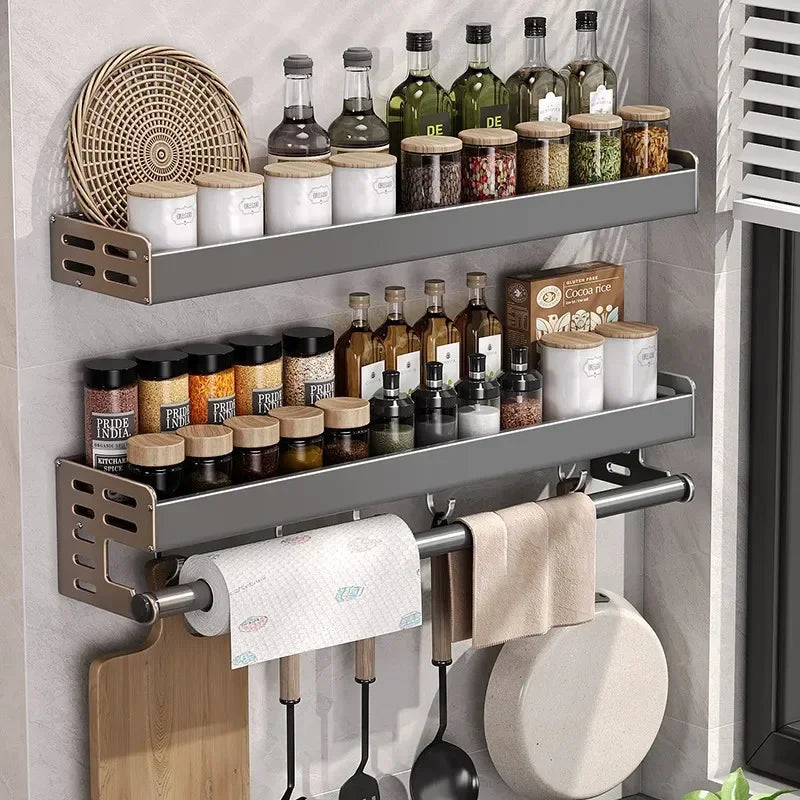 Stylish Wall-Mounted Kitchen Condiment Rack with Storage Box Multifunctional Household Utensil Rack with Oil Vinegar Dispenser