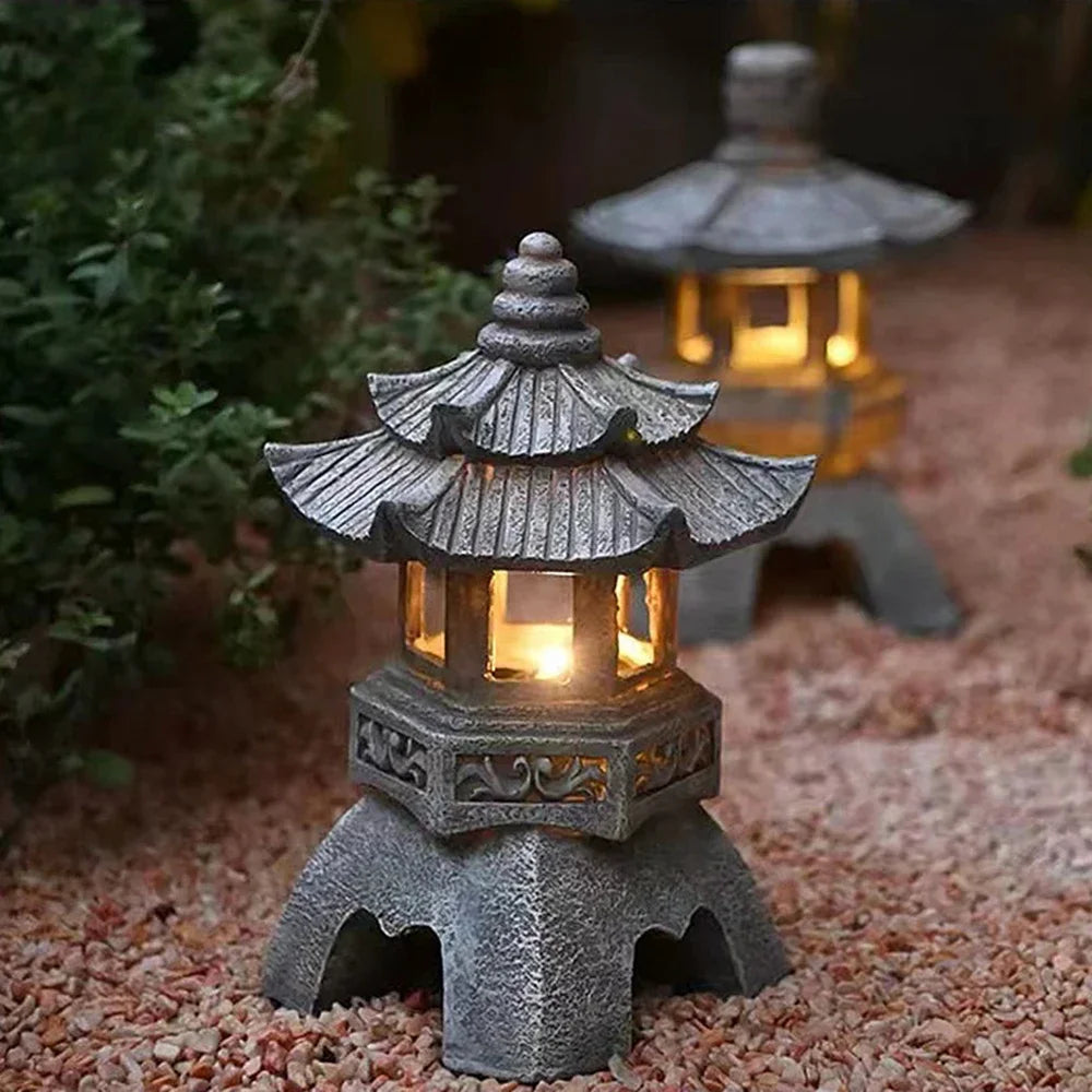 Solar LED Pagoda Lantern for Balcony Garden, Outdoor Statue Light, Chinese Resin Landscape, Decorative Lamp Ornament