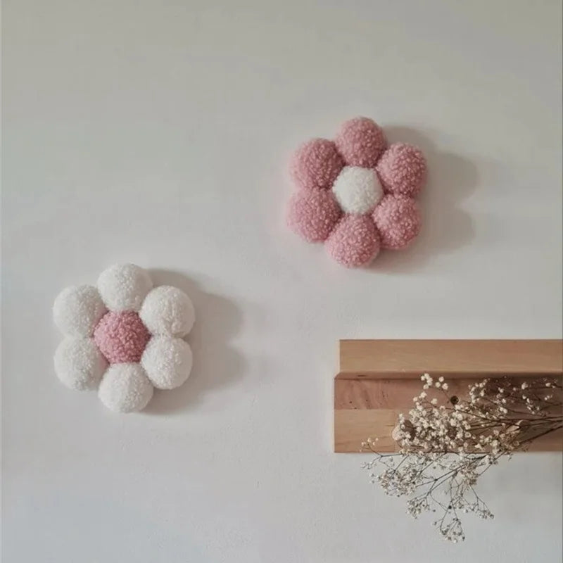 Ins Boho Handmade Macrame Daisy Flower Pompom Pink Wall Decor Nordic Yarn Sticker for Kids Room Nursery Ornament Photo Props