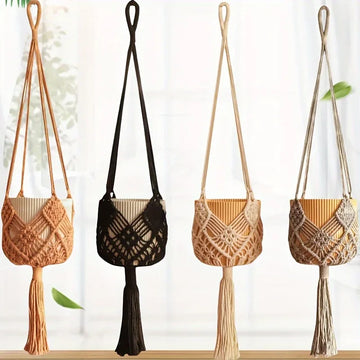 1pc Boho Macrame Plant Hanger for Indoor Outdoor Hanging Succulents Cotton Rope Woven Hanging Basket with Net Pouch
