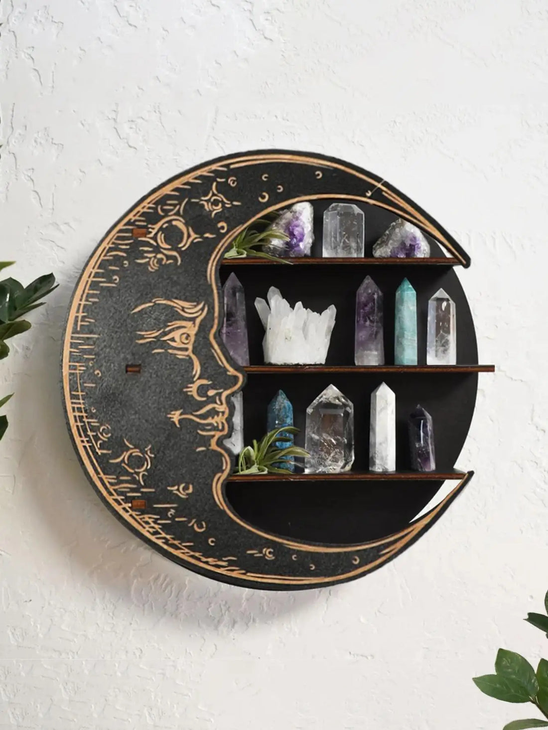 3-tier Black Moon Round Wooden Storage Rack Crystal Shelf Display Modern Home Decoration Essential Oil Rack Floating Wall Shelf