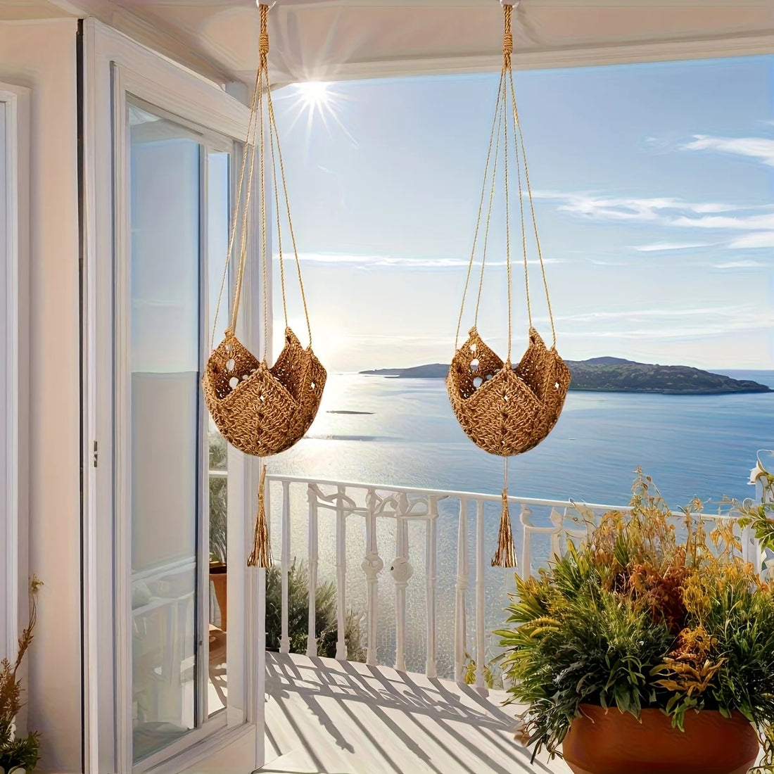 1 OR 2pcs Bohemian Lace Plant Hanger With Tassels, Jute Crochet Wall Basket With Hooks for Indoor, Outdoor Garden