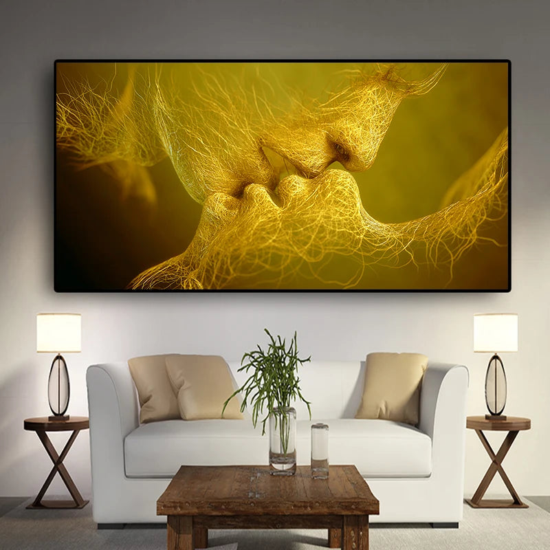 Golden And Black Love Kiss Oil Painting on Canvas Posters and Prints Cuadros Wall Art Pictures For Home Bedroom Living Room