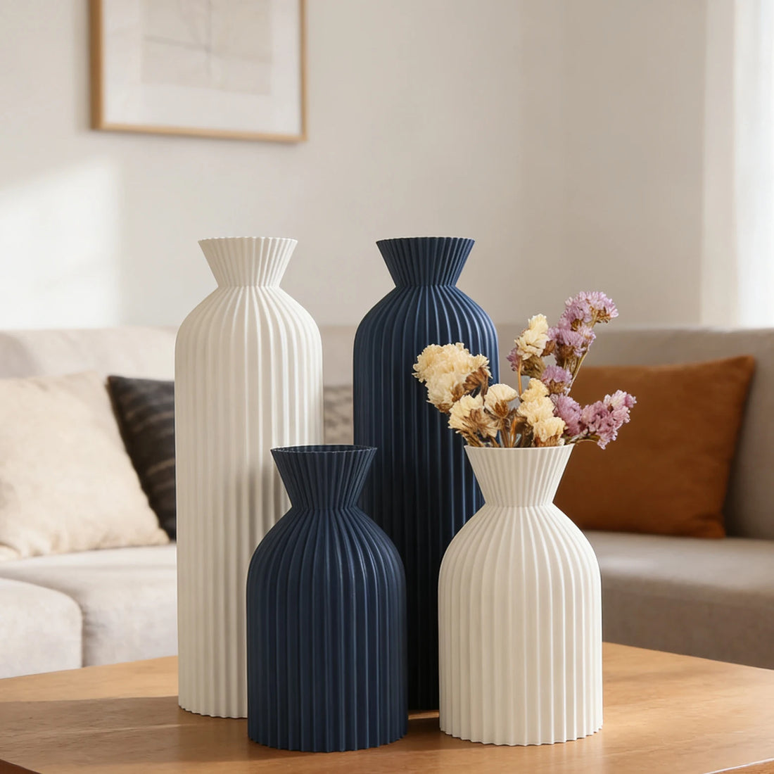 Cross-Border Vertical Texture Tall & Short Ceramic Vase Set For Minimalist Morandi-Style Desktop Floral Decoration Scenario