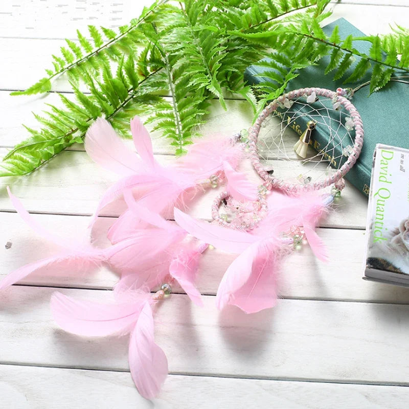 Handmade Pink White Feather Dream Catcher Wall Hanging Decoration Wind Chime Car Wedding Decoration Craft Girl Gift Ornament