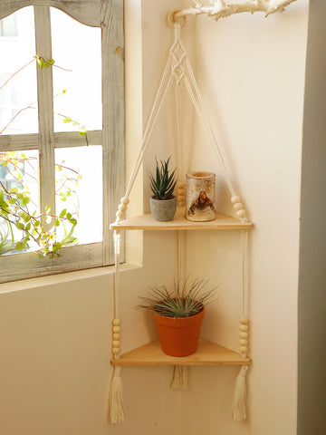 Macrame Hanging Shelf Boho Wall Hanging Handmade Rope Rustic Wood Floating Shelves Hanging Corner Wall Shelf Bedroom Decor Gifts