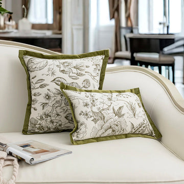 Throw pillow cover with green flower and branch patterns, suitable for living rooms, bedrooms, and car seats.