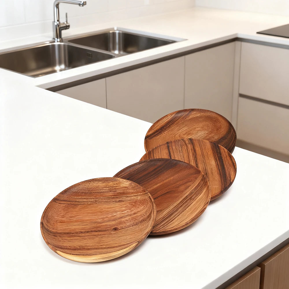 1PC Acacia Wood Dinner Plates Round Wood Plates For Fruits Dishes Snacks Dessert Sushi Salad Tea Serving Tray Kitchen Tableware
