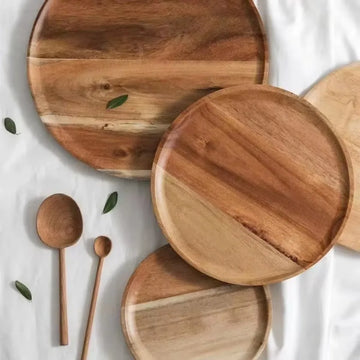 Retro Solid Wood Dinner Plates Round 13-38cm Wooden Tea Tray Plate Serving Platter Tray For Food Snack Dishs