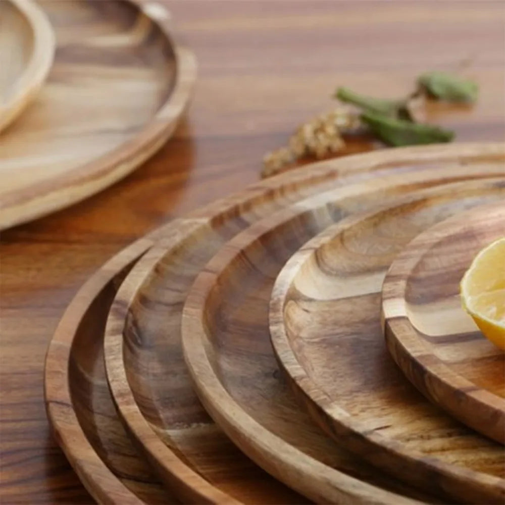 Retro Solid Wood Dinner Plates Round 13-38cm Wooden Tea Tray Plate Serving Platter Tray For Food Snack Dishs