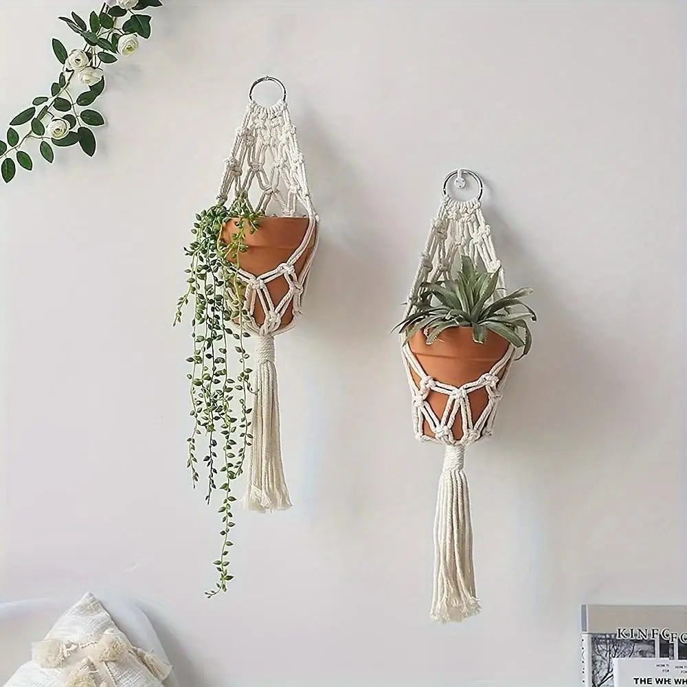 2pcs Boho Chic Macrame Plant Hangers - Handcrafted Rope Baskets for Indoor & Outdoor Decor, Geometric Wall Art