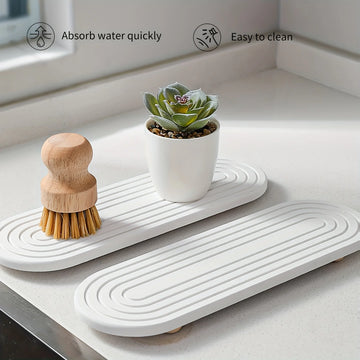 1pc Oval Carved Diatom Mud Absorbent Stone Table Mat, Beautiful And Simple,Suitable for Bathroom Countertops,Kitchen Countertops