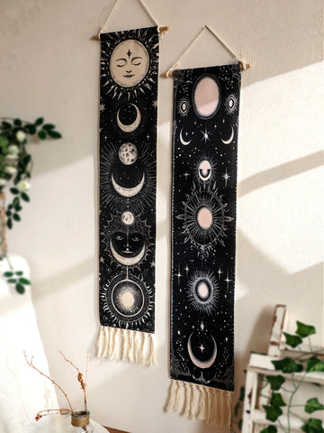 1pc Boho Celestial Wall Hanging Tapestry, Moon Phase Black and White Banner with Tassel, Witchy Bedroom Home Wall Art Decoration