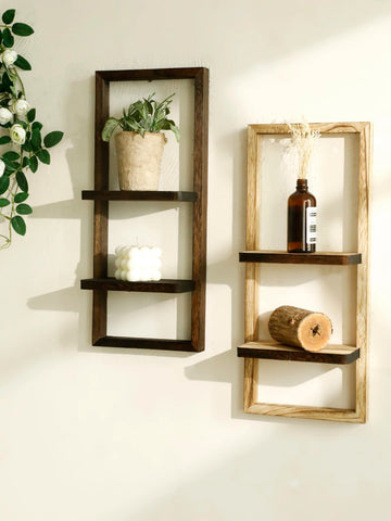 1pc Rustic Wooden Wall Shelves 2-tier Floating Shelf for Plants Decor Home Living Room Kitchen Bedroom Wall Mounted Display Rack