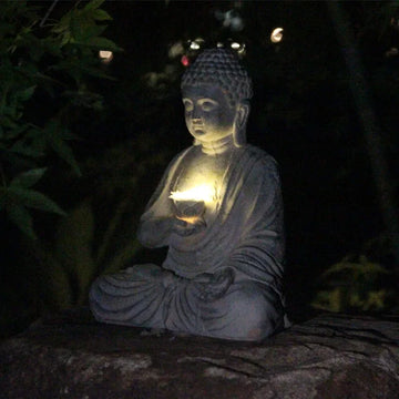 Resin Buddha Statue Sculpture Solar Powered LED Light Zen Asian Japanese Garden Decoration Outdoor Front Porch Patio Yard Home