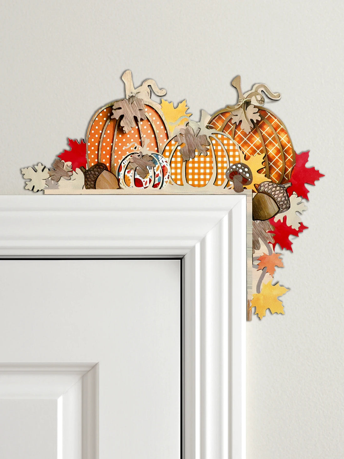 Autumn Pumpkin Door Topper Decor, Colorful Wooden Pumpkins & Leaves Design, Harvest Festival Bedroom Living Room Home Decoration
