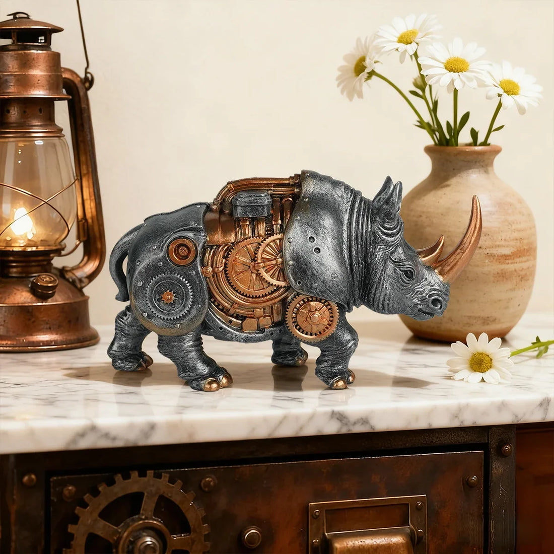 Steampunk Rhinoceros Statue Mechanical Animal Sculpture with Gears Industrial Desktop Decor