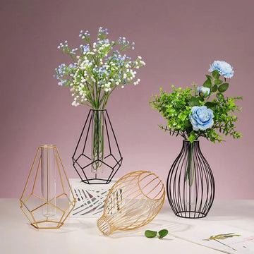 Nordic Styles Hydroponic Flower Vase Geometric Line Frame Iron Art Vase Glass Test Tube Metal Holder Home Decoration Craft Gift