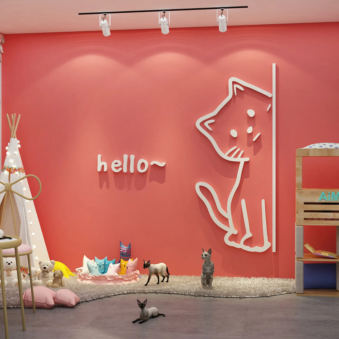 Hello Bear Cute Kitten Stickers Wall 3D Acrylic Wall Stickers Decoration for Commercial Glass Window & Door Decoration Welcome