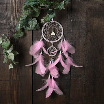Handmade Pink White Feather Dream Catcher Wall Hanging Decoration Wind Chime Car Wedding Decoration Craft Girl Gift Ornament