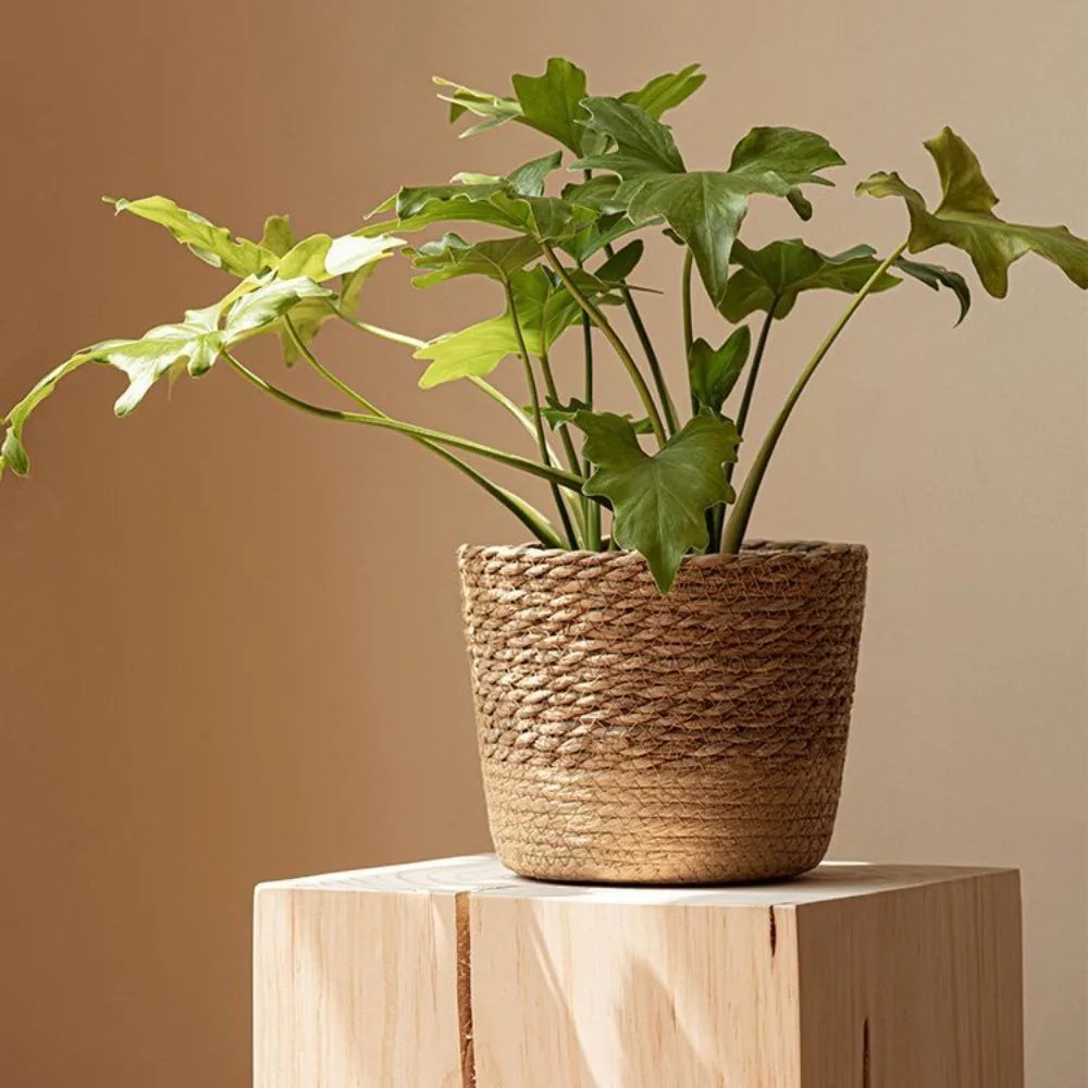 Natural Handmade Straw Weaving Wicker Basket Rattan Straw Flower Plant Pot Round Flowerpot Storage Basket Planter Basket