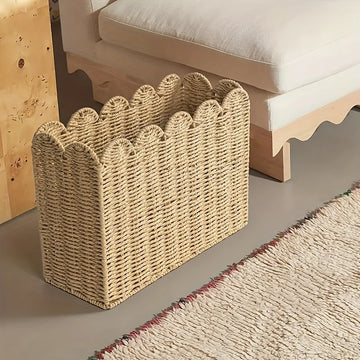 Bohemian Rattan Storage Basket - Wavy Edges, Multipurpose Farmhouse Organizer for Home & Office Decor. Durable & Stylish!