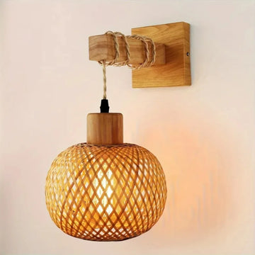 Plug-In Wall Sconce, Handcrafted Bamboo Rattan Light, Rustic Farmhouse Boho Wall Lamp for Bedroom Living Room Commercial