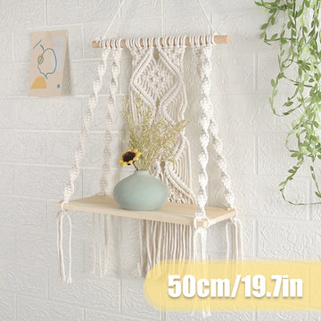 Wooden Floating Storage Holder Macrame Wall Hanging Shelf Board Bohemian Woven Rope Swing Shelf Display Home Book Plant Shelf