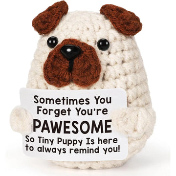 Funny Crochet Positive Energy Puppy With Card Desktop Ornament Handmade Knitted Emotional Support Dog doll Home Room Decoration