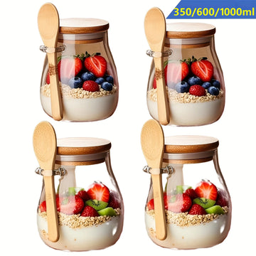 350ml Glass Cups Overnight Oatmeal Cup Set with Lids and Spoons for Salad Bowls Oatmeal Jars Oatmeal Cups Meal Prep Containers