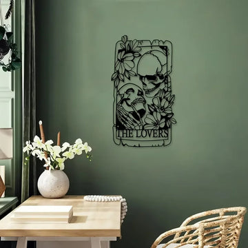 Bohemian Metal Gothic Skull Couple Wall Art - Iron Mural for Indoor & Outdoor Use, Home Courtyard & Balcony Decoration