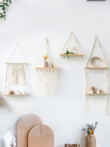 Hand Woven Wooden Floating Wall Shelf Boho Macrame Plant Flower Pot Tray Display Shelf  Nordic Room Modern Home Decoration Gift