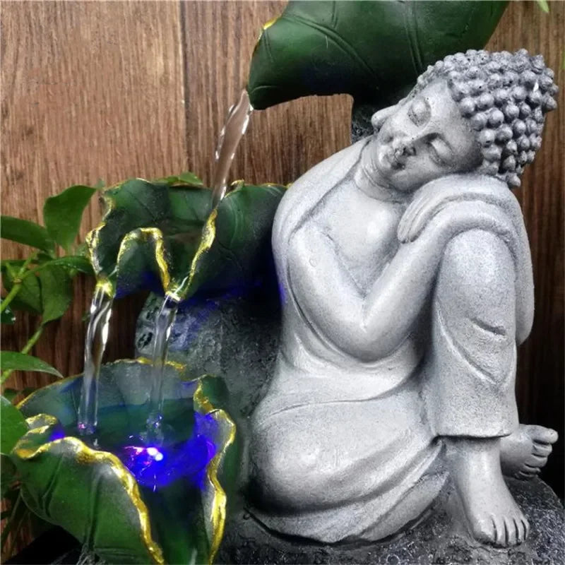 Hand Made Sitting Sleeping Buddha Statue Running Water Led Fountain Zen Living Room Feng Shui Waterscape Ornaments Home Crafts