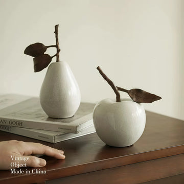 Modern Creative Ice Crackle Ceramic Apple & Pear Ornaments, Artistic Desktop Decor for Office, Living Room, Wine Cabinet, Home &