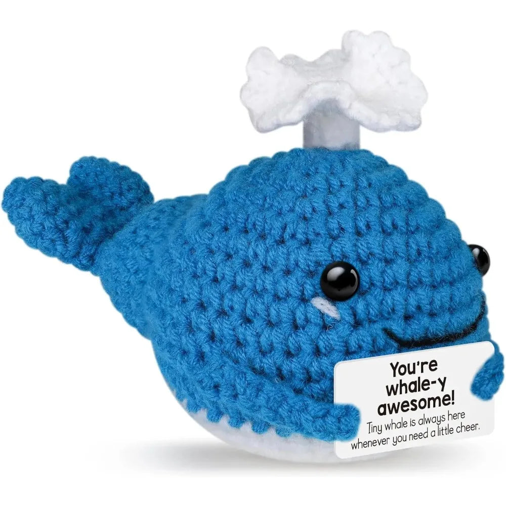 Funny Crochet Emotional Support Whale Gifts Desktop Ornament Handmade Knitted Whale Doll with Card Home Room Christmas Decor