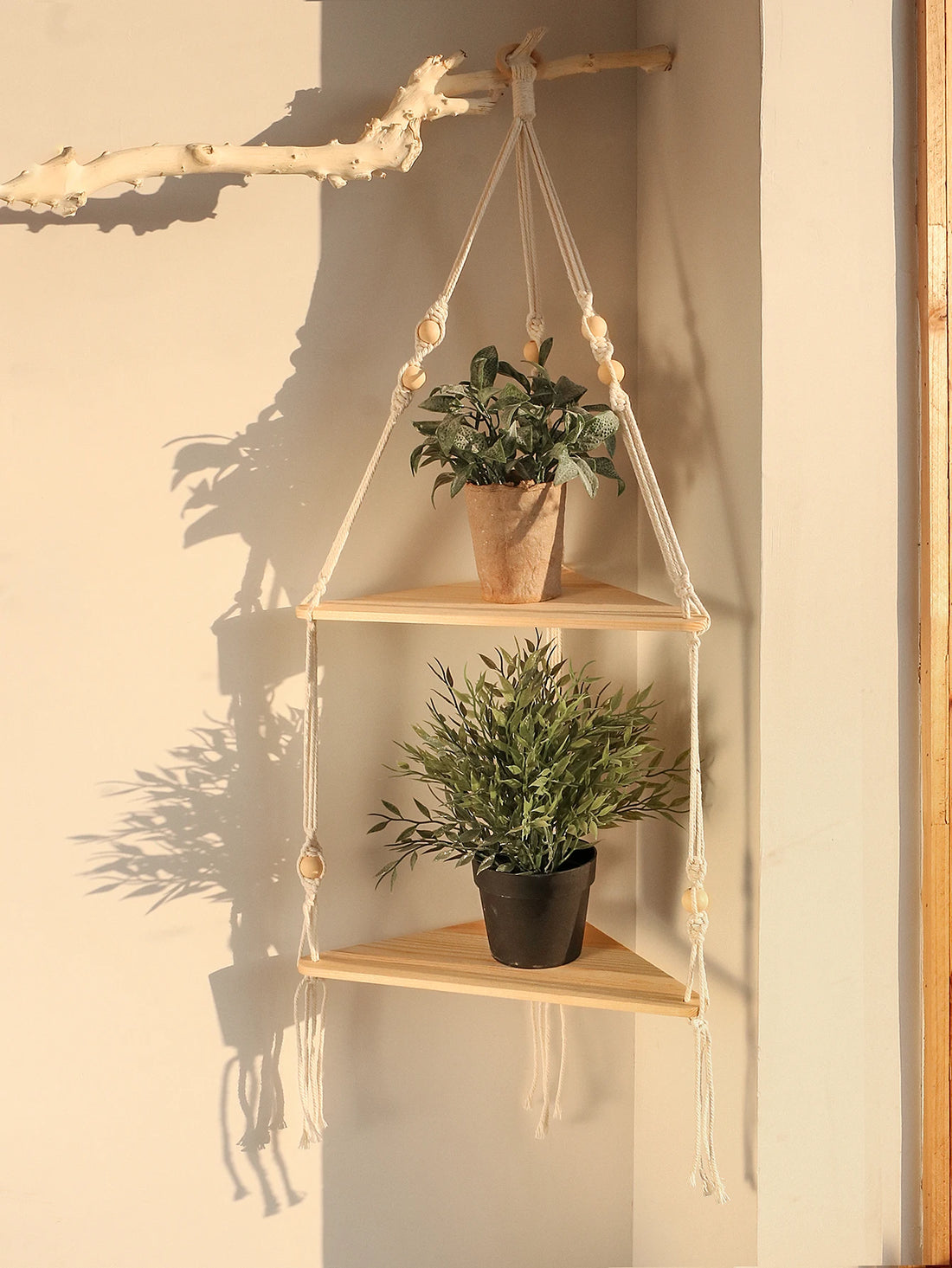 Triangle Floating Wall Shelf 1/2/3-Tier Wooden Wall Shelves Hanging Corner Display Stand with Wood Bead Boho Rustic Home Decor