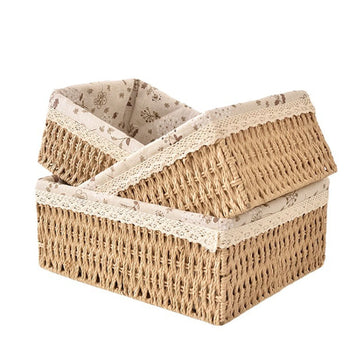 3-piece retro country style rattan storage basket set - cloth lining - stackable storage basket