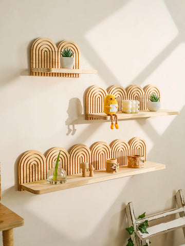 Boho Wooden Arched Wall Shelves Rustic Natural Wood Rainbow Design Floating Shelves Decorative Storage Racks for Home Wall Decor