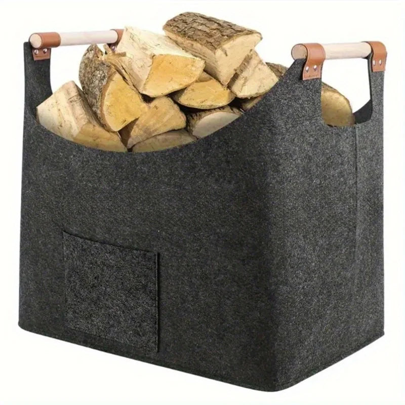 1pc  Extra Large Foldable Felt Firewood Basket,  Heavy Duty with Reinforced Handles - Multi-use Storage - Dark Grey